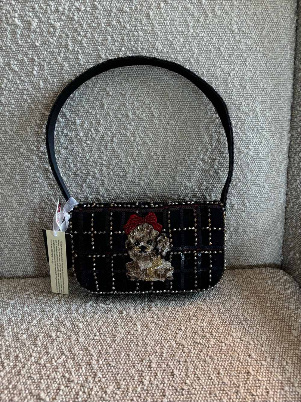 Beaded Black Dog Embellished Shoulder Bag